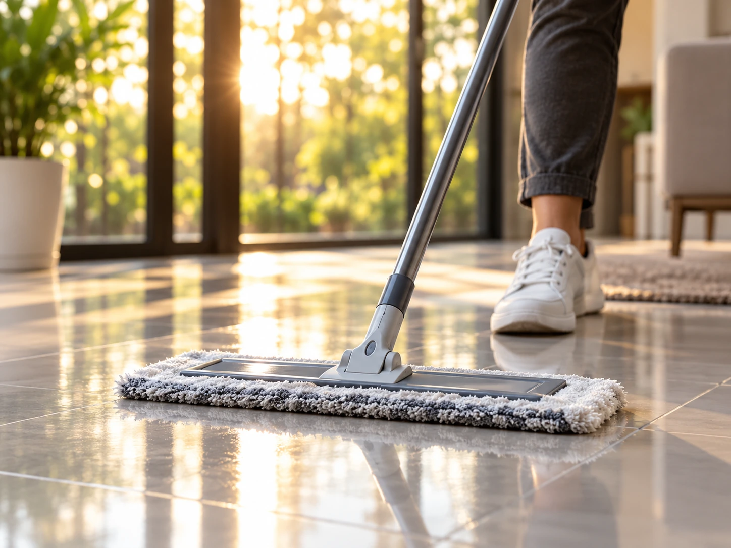 Piso da sala sendo limpo com mop